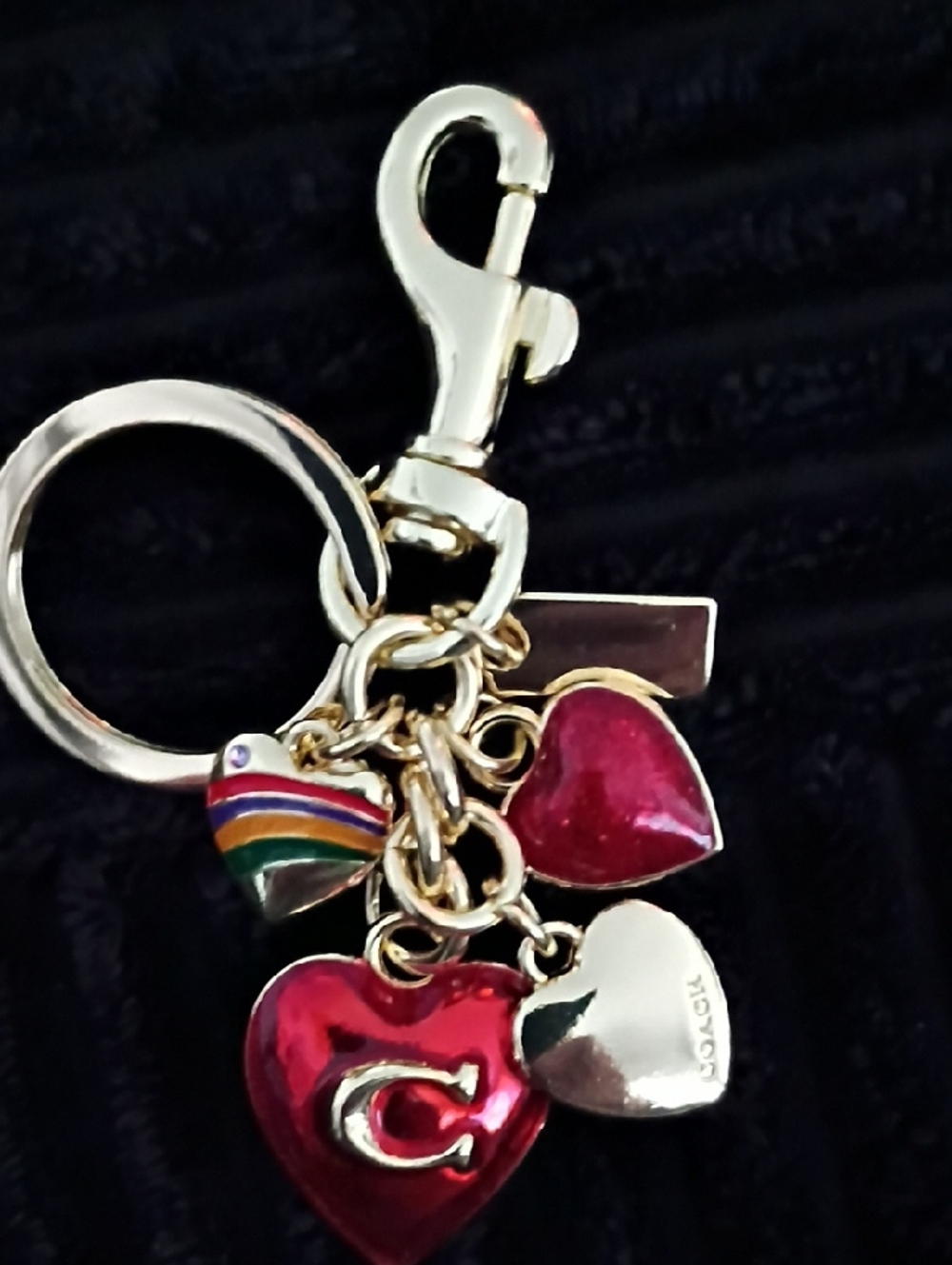 Gold-Tone Keychain with Red Hearts and Rainbow Accent